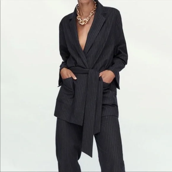 Pinstripe Blazer with Belt Tie, Navy, Zara Size M, worn once